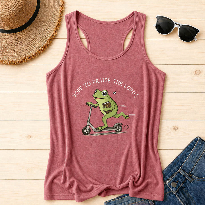 Christianartworkshop Off To Praise The Lord Arch Curved Text Cute Frog Riding Scooter Holding Bible Heart Cartoon Racerback Tank Top - Pink - 2XL - image 0