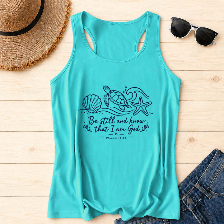 Christianartworkshop Be Still And Know That I Am God Psalm 46:10 Ocean Turtle Seashell Starfish Wave Racerback Tank Top - Mint - 2XL - image 0