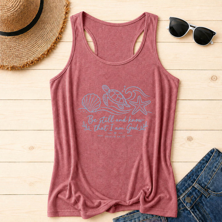 Christianartworkshop Be Still And Know That I Am God Psalm 46:10 Ocean Turtle Seashell Starfish Wave Racerback Tank Top - Pink - 2XL - image 2
