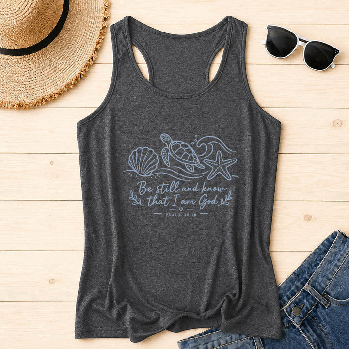 Christianartworkshop Be Still And Know That I Am God Psalm 46:10 Ocean Turtle Seashell Starfish Wave Racerback Tank Top - Grey - 2XL - image 18