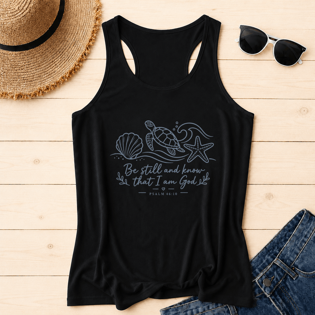 Christianartworkshop Be Still And Know That I Am God Psalm 46:10 Ocean Turtle Seashell Starfish Wave Racerback Tank Top - Black - 2XL - image 14