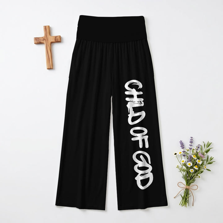 Christianartworkshop Vertical Brush Stroke Child Of God Hand Lettering Fold Over High Waist Wide Leg Pants - Black - US22,UK/AU26,EU54 - test2 - image 3
