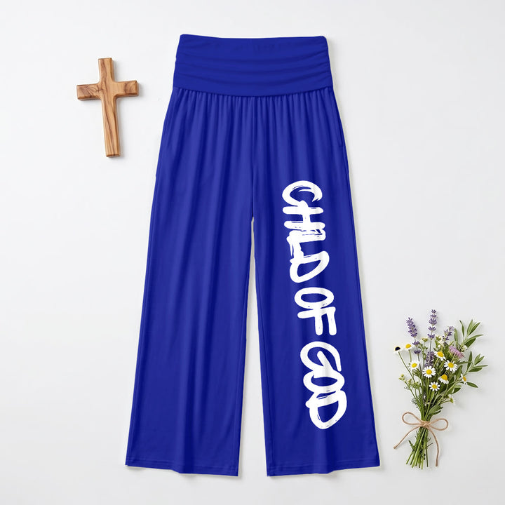 Christianartworkshop Vertical Brush Stroke Child Of God Hand Lettering Fold Over High Waist Wide Leg Pants - Blue - US22,UK/AU26,EU54 - test2 - image 0