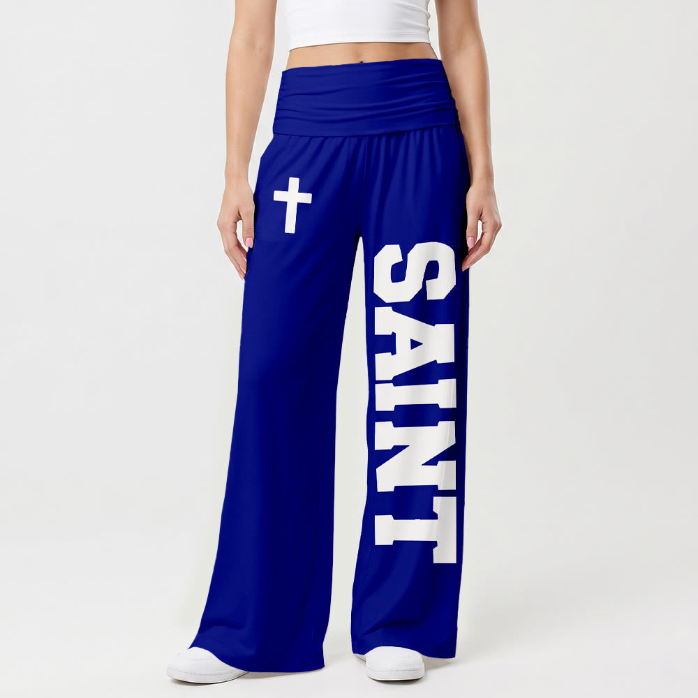 Christianartworkshop All Over Print Vertical Varsity SAINT Letter White Cross Fold Over High Waist Wide Leg Pants - image 16