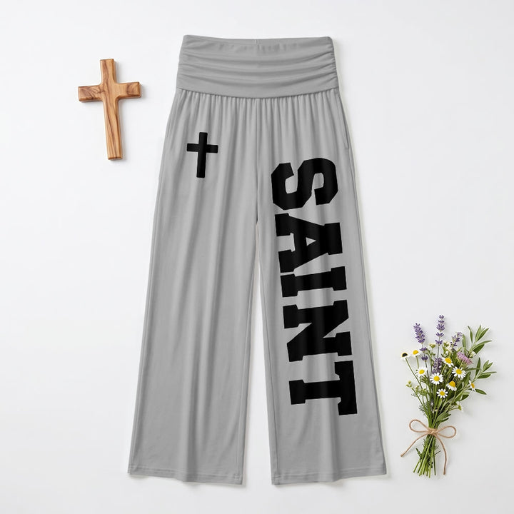 Christianartworkshop All Over Print Vertical Varsity SAINT Letter White Cross Fold Over High Waist Wide Leg Pants - Grey - US22,UK/AU26,EU54 - image 9