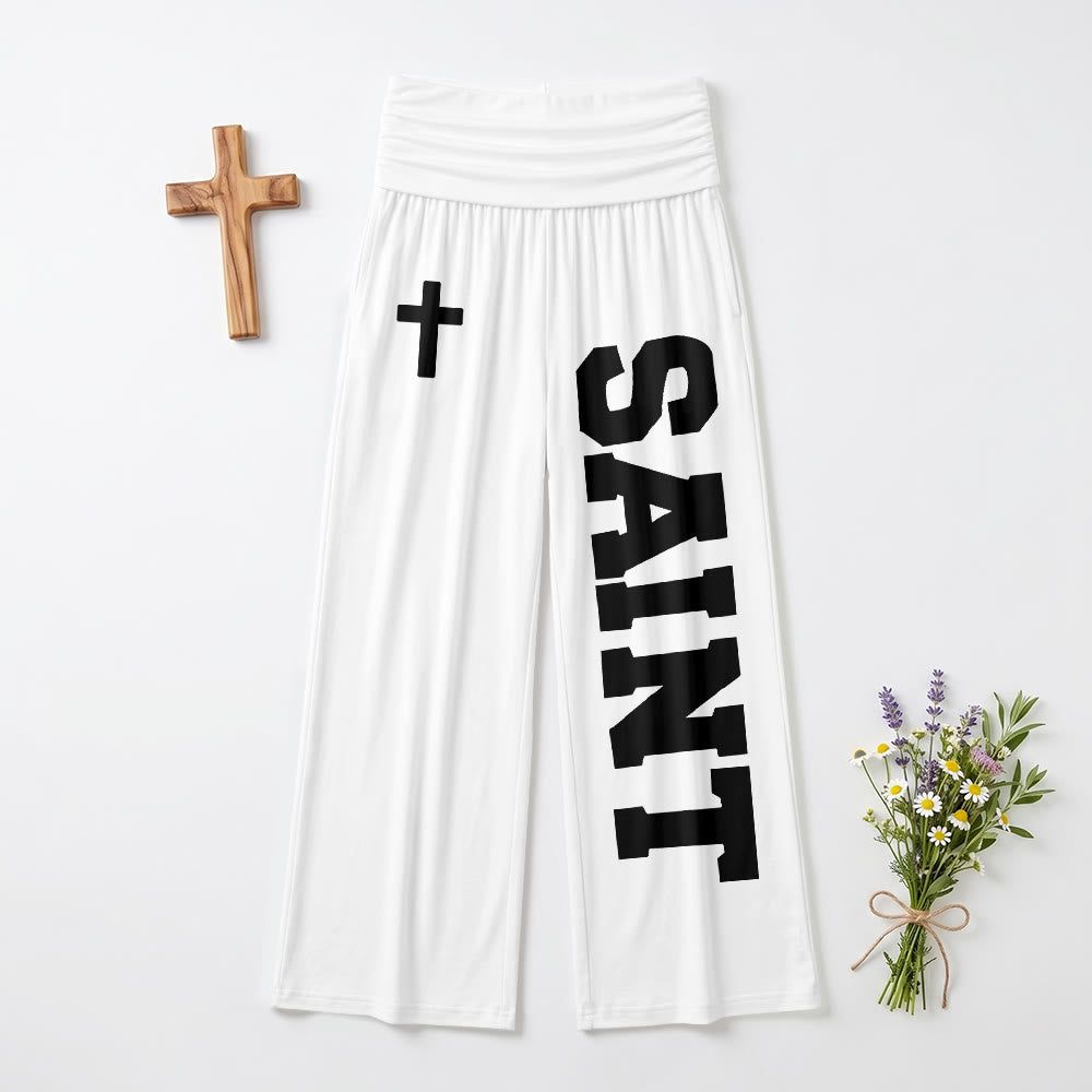 Christianartworkshop All Over Print Vertical Varsity SAINT Letter White Cross Fold Over High Waist Wide Leg Pants - White - US22,UK/AU26,EU54 - image 6