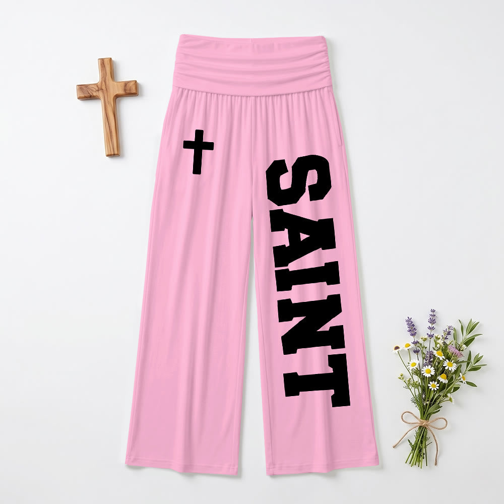 Christianartworkshop All Over Print Vertical Varsity SAINT Letter White Cross Fold Over High Waist Wide Leg Pants - Pink - US22,UK/AU26,EU54 - image 12
