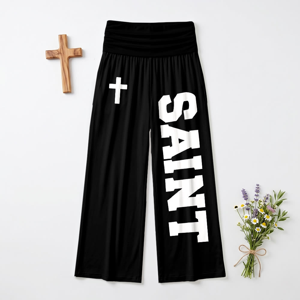 Christianartworkshop All Over Print Vertical Varsity SAINT Letter White Cross Fold Over High Waist Wide Leg Pants - Black - US22,UK/AU26,EU54 - image 3