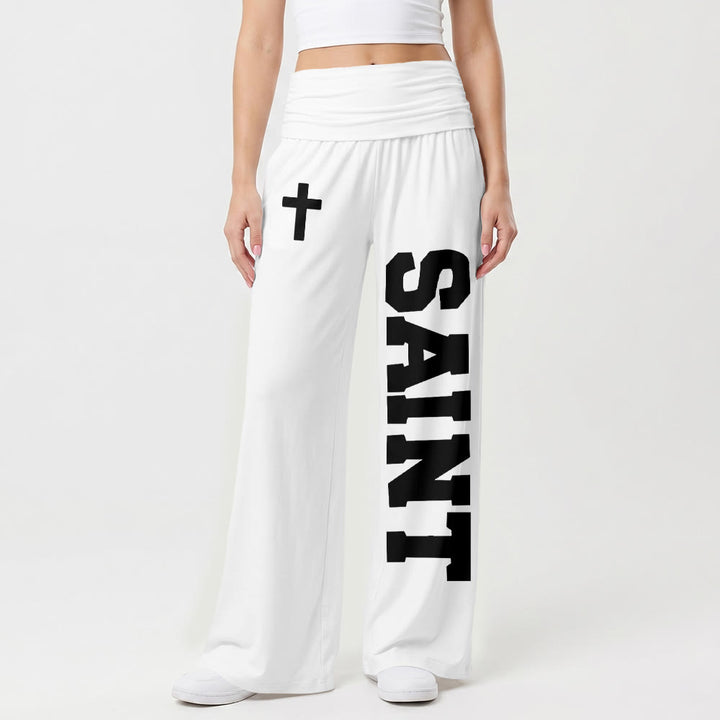 Christianartworkshop All Over Print Vertical Varsity SAINT Letter White Cross Fold Over High Waist Wide Leg Pants - image 7