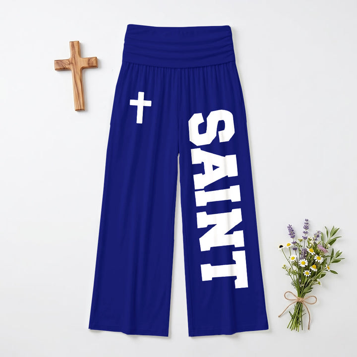Christianartworkshop All Over Print Vertical Varsity SAINT Letter White Cross Fold Over High Waist Wide Leg Pants - Blue - US22,UK/AU26,EU54 - image 15
