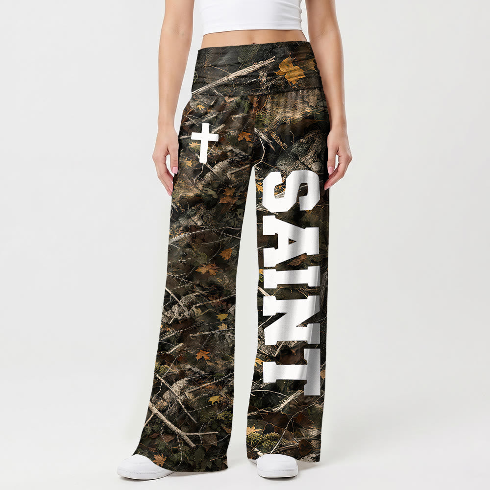 Christianartworkshop All Over Print Vertical Varsity SAINT Letter White Cross Fold Over High Waist Wide Leg Pants - image 1