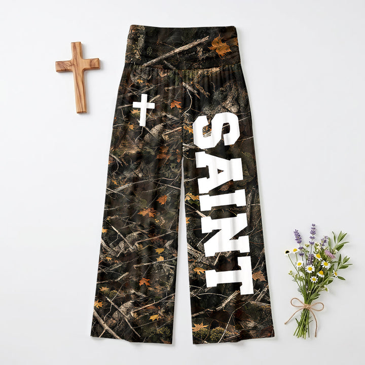 Christianartworkshop All Over Print Vertical Varsity SAINT Letter White Cross Fold Over High Waist Wide Leg Pants - Camouflage - US22,UK/AU26,EU54 - image 0