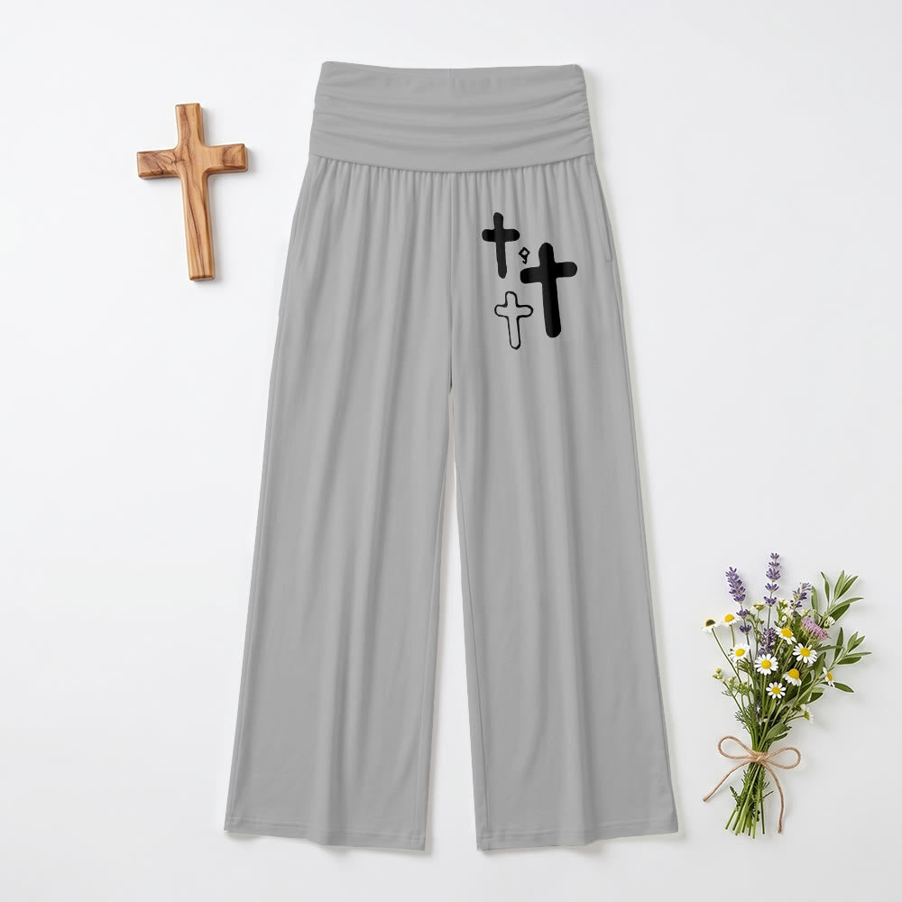 Christianartworkshop Minimal Multi Cross Graphic Front Hip Print Fold Over High Waist Wide Leg Pants - Grey - US22,UK/AU26,EU54 - image 6