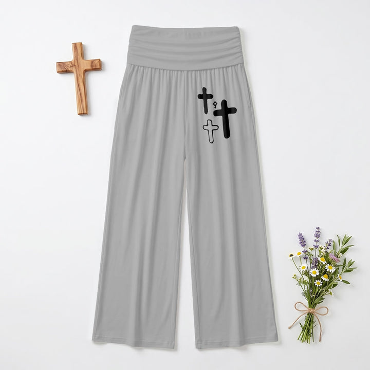 Christianartworkshop Minimal Multi Cross Graphic Front Hip Print Fold Over High Waist Wide Leg Pants - Grey - US22,UK/AU26,EU54 - image 6