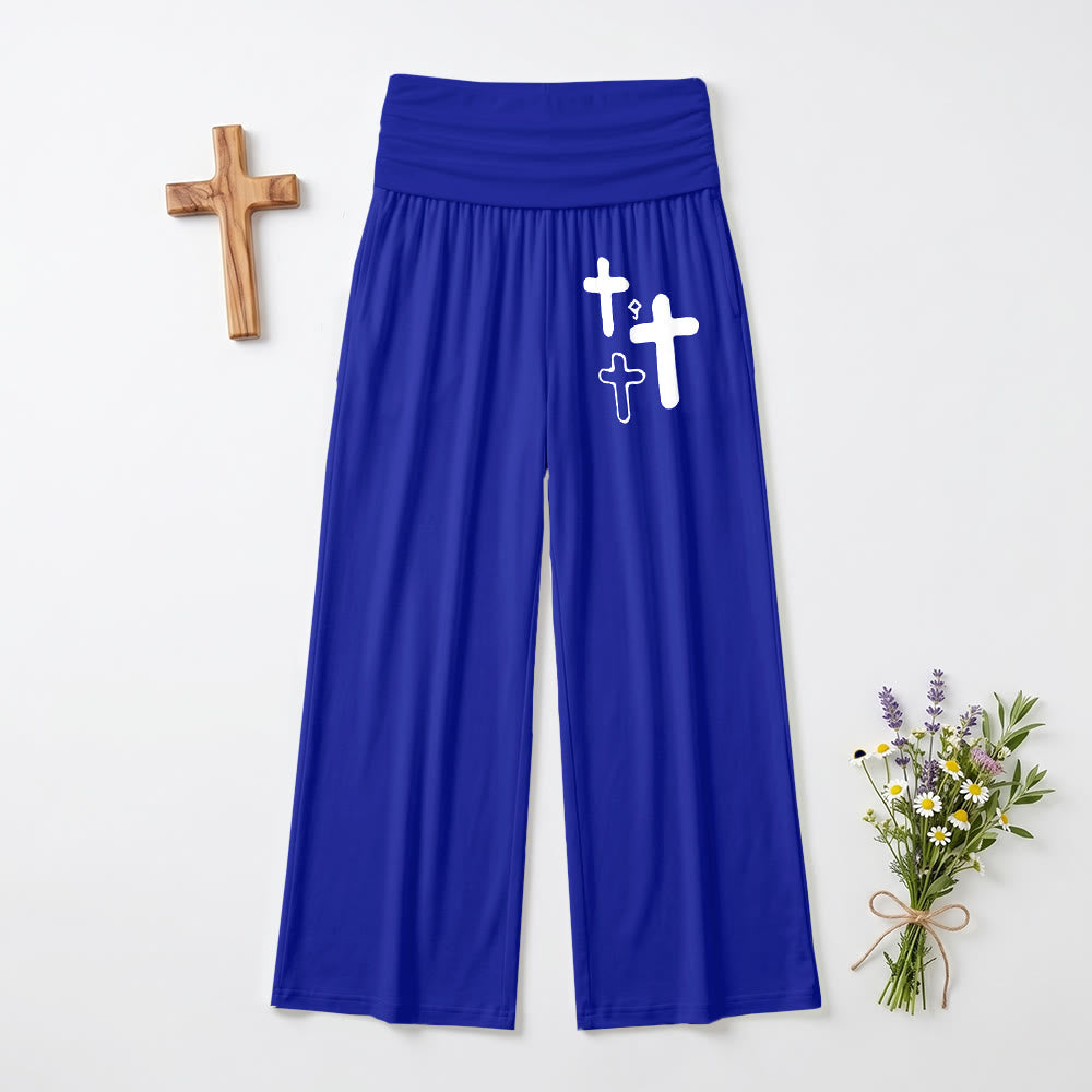Christianartworkshop Minimal Multi Cross Graphic Front Hip Print Fold Over High Waist Wide Leg Pants - Blue - US22,UK/AU26,EU54 - image 12