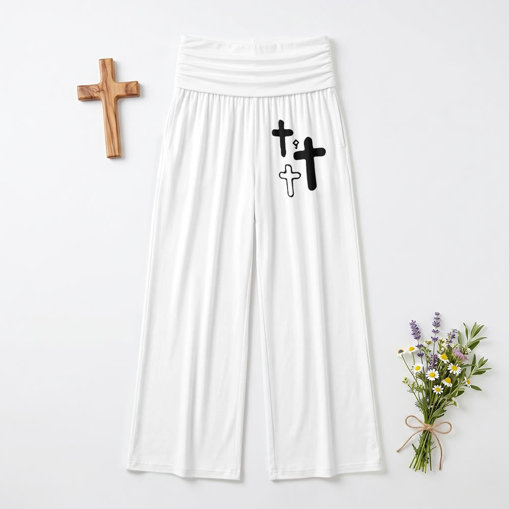 Christianartworkshop Minimal Multi Cross Graphic Front Hip Print Fold Over High Waist Wide Leg Pants - White - US22,UK/AU26,EU54 - image 0