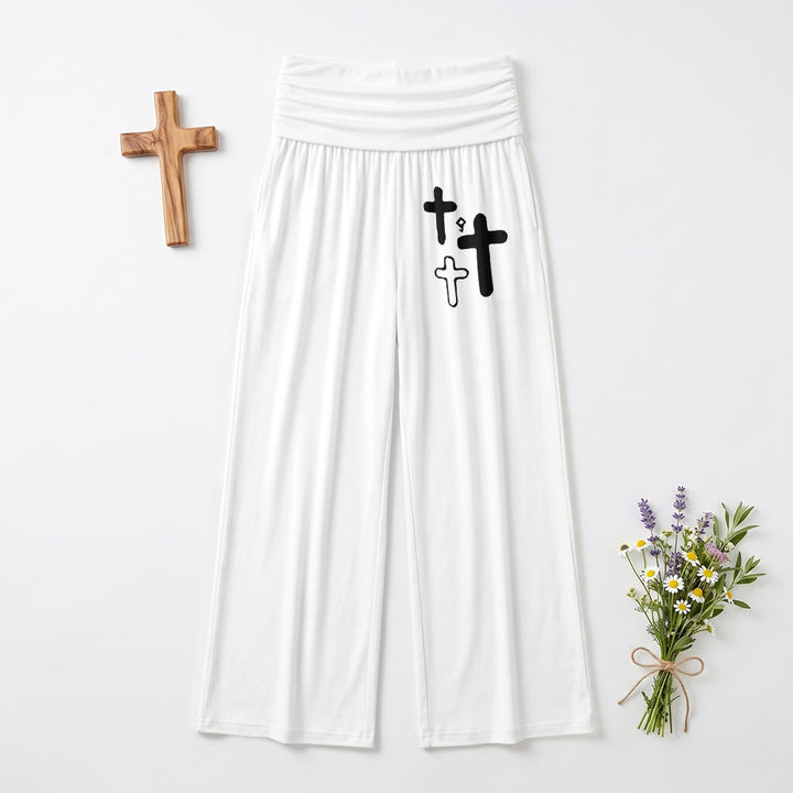 Christianartworkshop Minimal Multi Cross Graphic Front Hip Print Fold Over High Waist Wide Leg Pants - White - US22,UK/AU26,EU54 - image 0