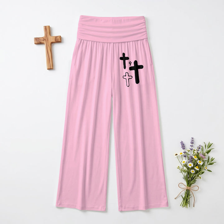 Christianartworkshop Minimal Multi Cross Graphic Front Hip Print Fold Over High Waist Wide Leg Pants - Pink - US22,UK/AU26,EU54 - image 9