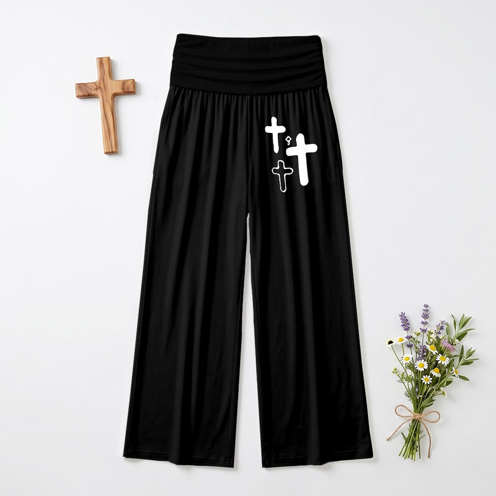Christianartworkshop Minimal Multi Cross Graphic Front Hip Print Fold Over High Waist Wide Leg Pants - Black - US22,UK/AU26,EU54 - image 3