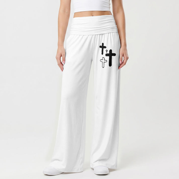 Christianartworkshop Minimal Multi Cross Graphic Front Hip Print Fold Over High Waist Wide Leg Pants - image 1