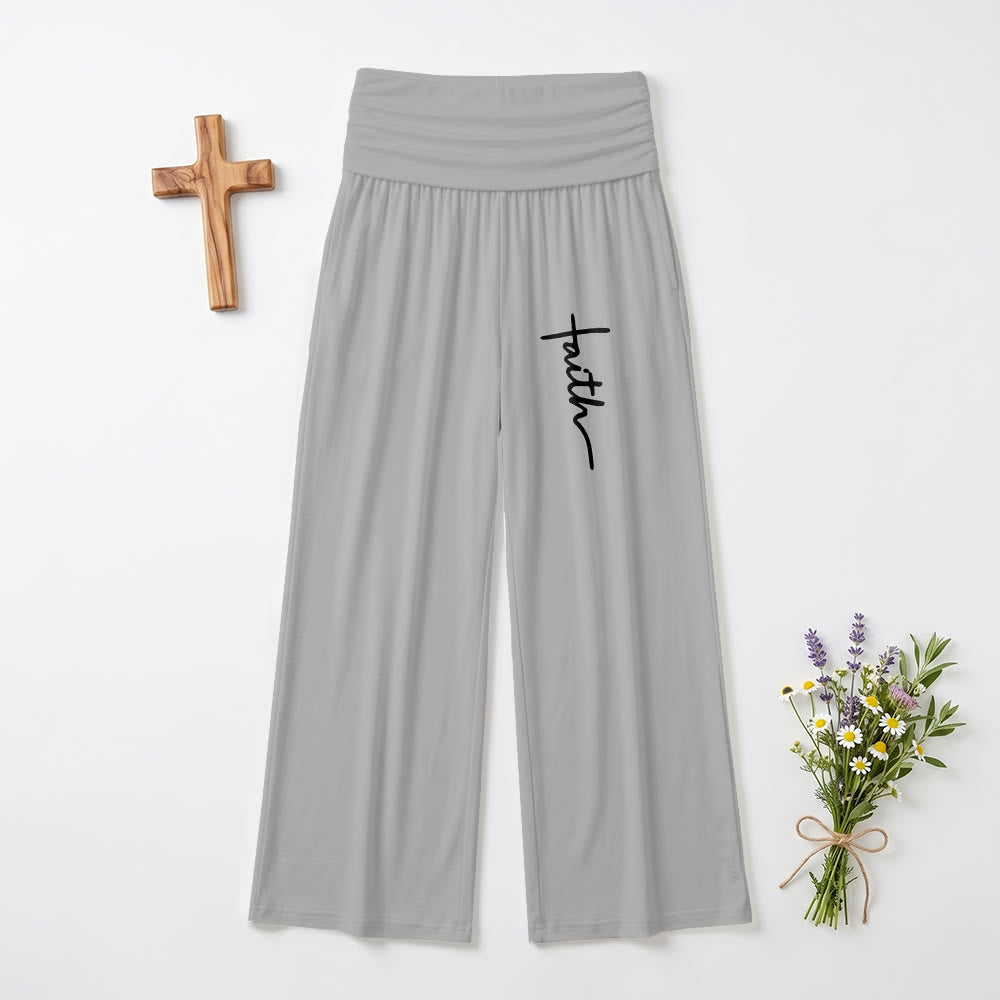 Christianartworkshop Vertical Cursive Faith Handwriting Print Fold Over High Waist Wide Leg Pants - Grey - US22,UK/AU26,EU54 - image 6