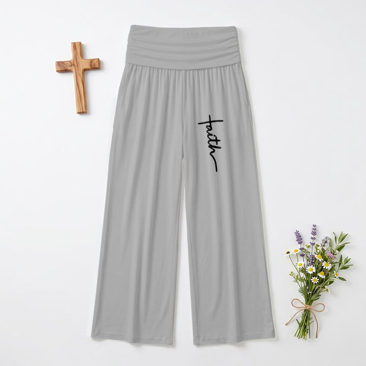 Christianartworkshop Vertical Cursive Faith Handwriting Print Fold Over High Waist Wide Leg Pants - Grey - US22,UK/AU26,EU54 - image 6
