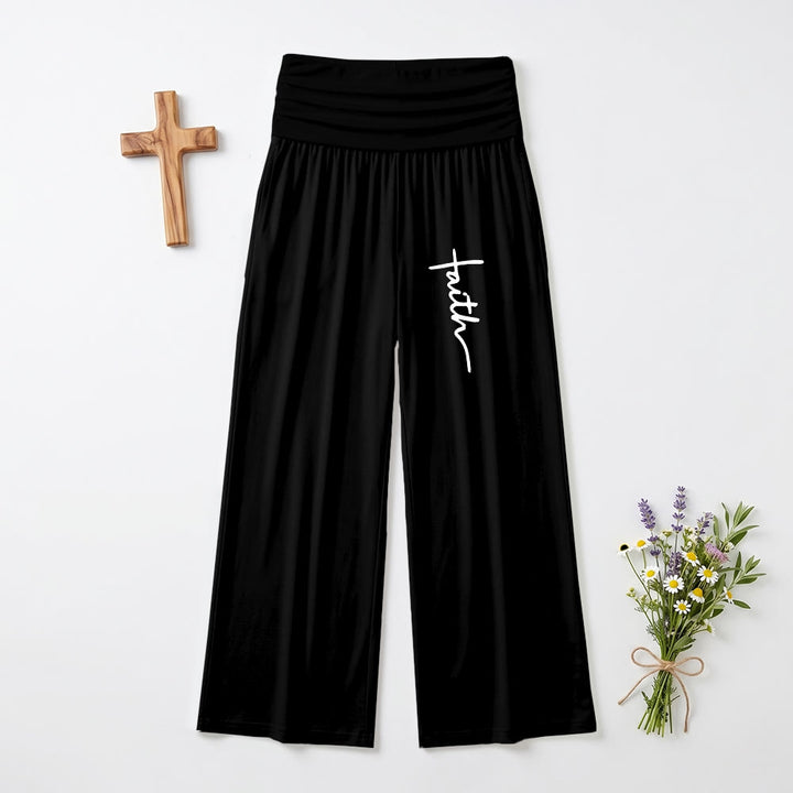 Christianartworkshop Vertical Cursive Faith Handwriting Print Fold Over High Waist Wide Leg Pants - Black - US22,UK/AU26,EU54 - image 0