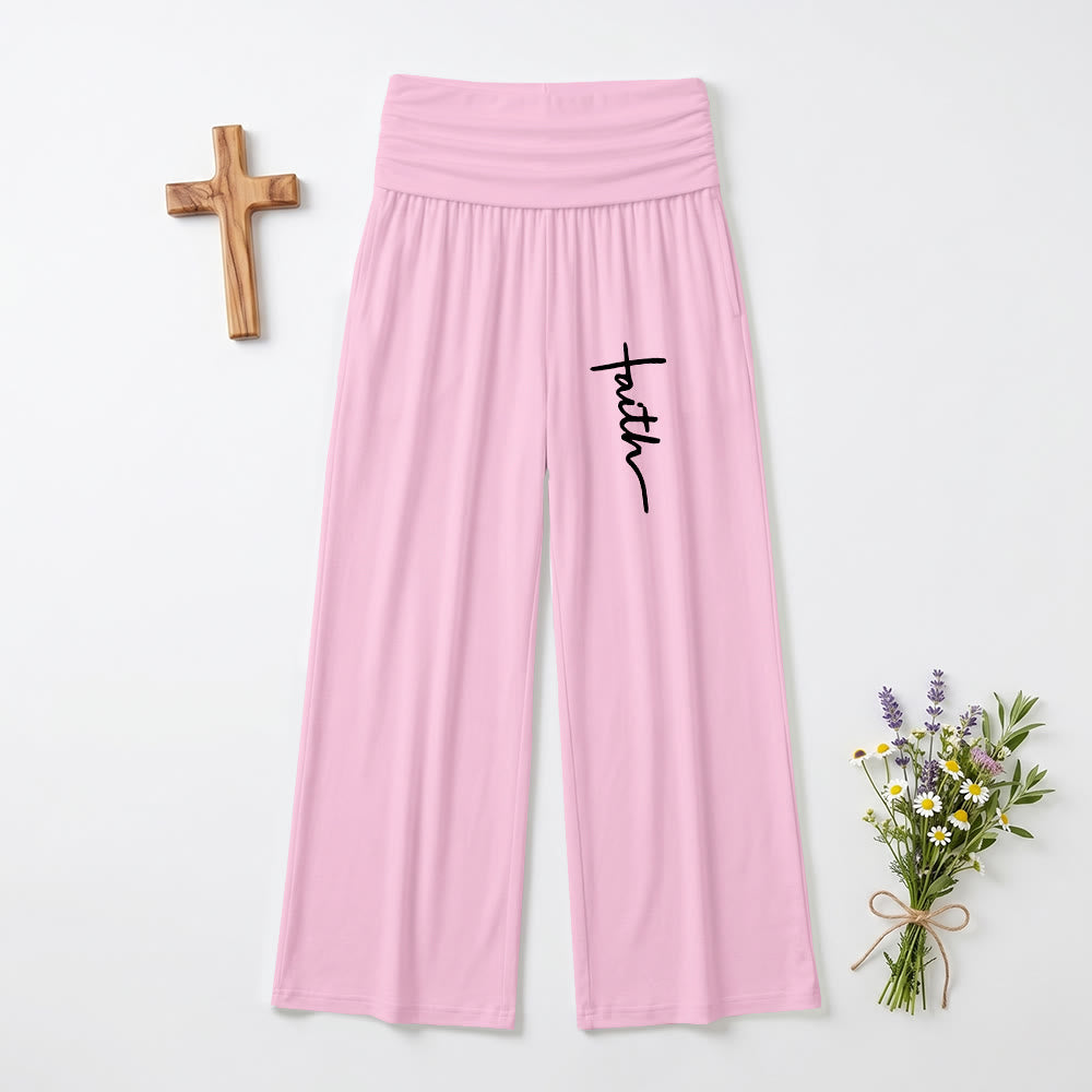 Christianartworkshop Vertical Cursive Faith Handwriting Print Fold Over High Waist Wide Leg Pants - Pink - US22,UK/AU26,EU54 - image 9