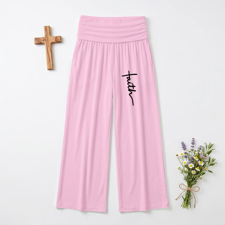 Christianartworkshop Vertical Cursive Faith Handwriting Print Fold Over High Waist Wide Leg Pants - Pink - US22,UK/AU26,EU54 - image 9