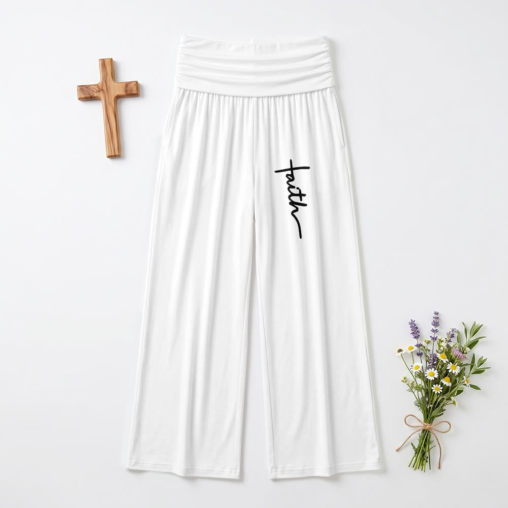 Christianartworkshop Vertical Cursive Faith Handwriting Print Fold Over High Waist Wide Leg Pants - White - US22,UK/AU26,EU54 - image 3