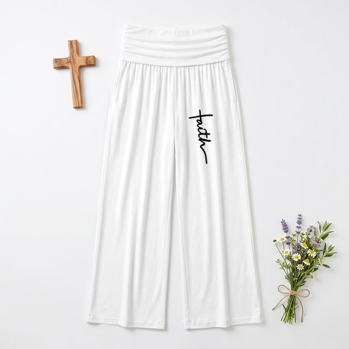 Christianartworkshop Vertical Cursive Faith Handwriting Print Fold Over High Waist Wide Leg Pants - White - US22,UK/AU26,EU54 - image 3