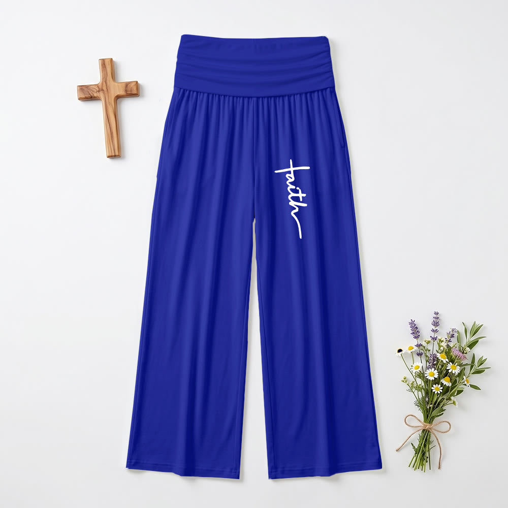 Christianartworkshop Vertical Cursive Faith Handwriting Print Fold Over High Waist Wide Leg Pants - Blue - US22,UK/AU26,EU54 - image 12