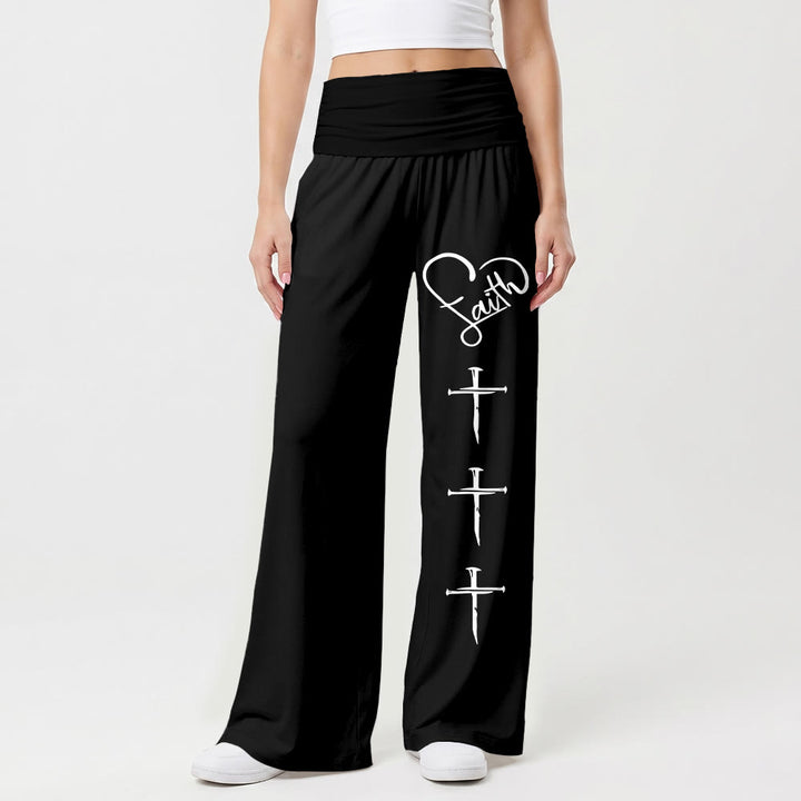 Christianartworkshop Heart Outline Faith Cursive Three Vertical Nail Cross Print Wide Leg Pants - image 7