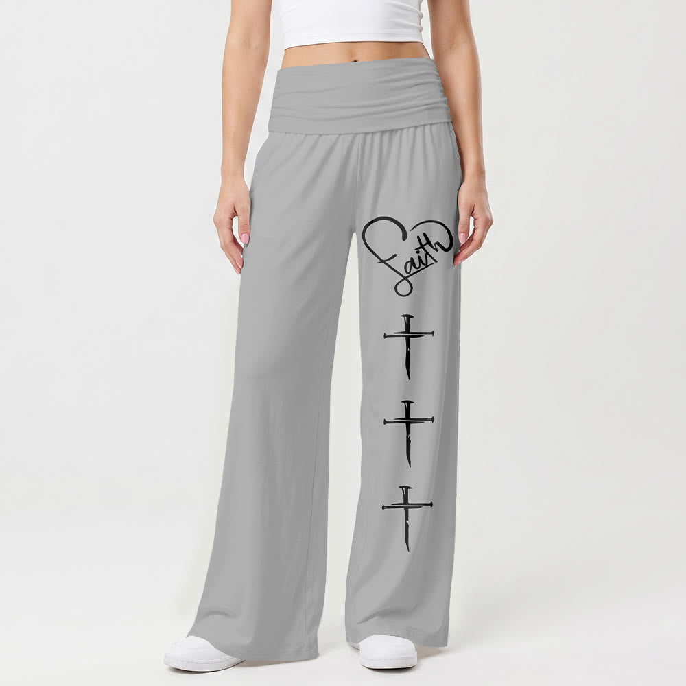 Christianartworkshop Heart Outline Faith Cursive Three Vertical Nail Cross Print Wide Leg Pants - image 1
