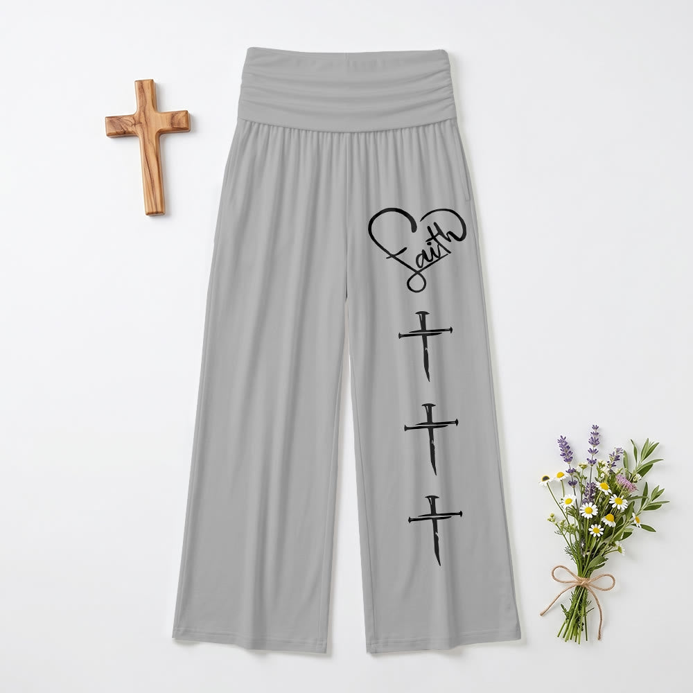 Christianartworkshop Heart Outline Faith Cursive Three Vertical Nail Cross Print Wide Leg Pants - Grey - US22,UK/AU26,EU54 - image 0
