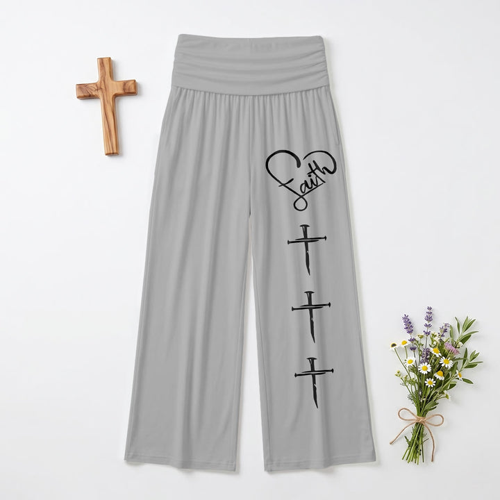 Christianartworkshop Heart Outline Faith Cursive Three Vertical Nail Cross Print Wide Leg Pants - Grey - US22,UK/AU26,EU54 - image 0