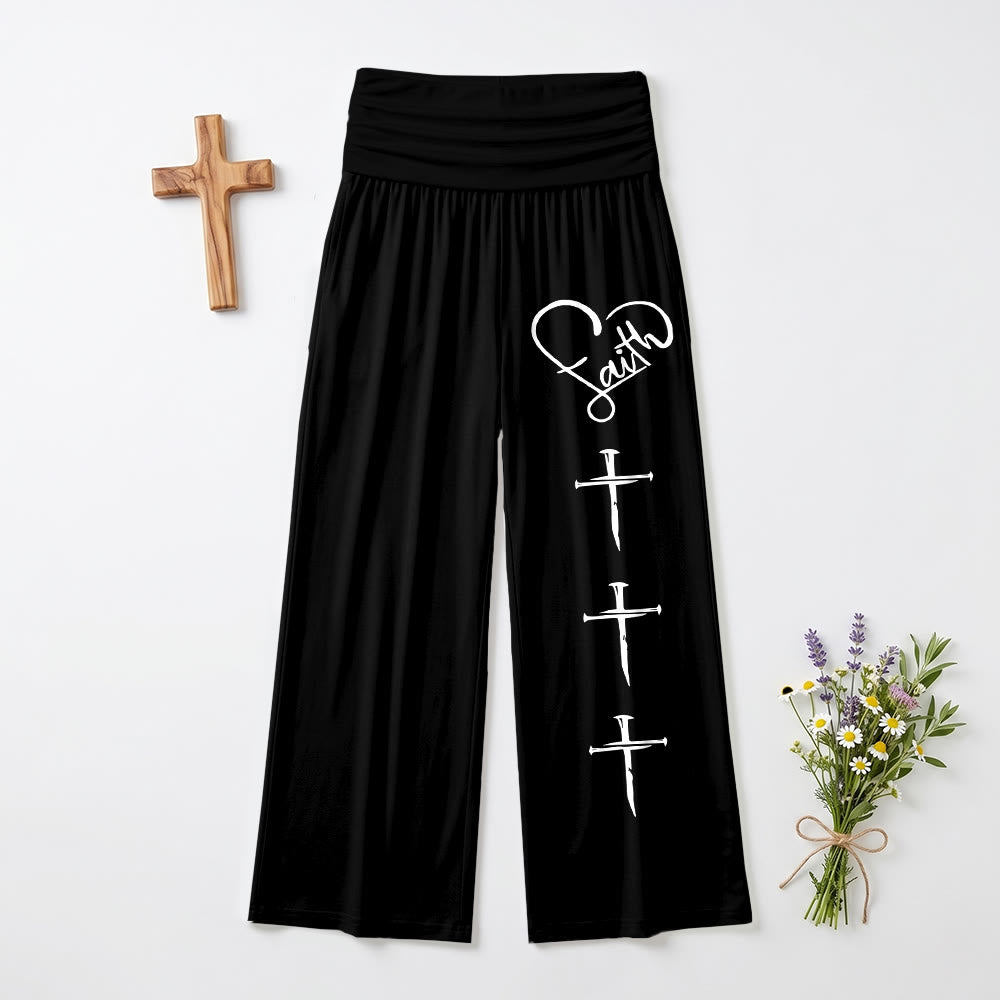Christianartworkshop Heart Outline Faith Cursive Three Vertical Nail Cross Print Wide Leg Pants - Black - US22,UK/AU26,EU54 - image 6