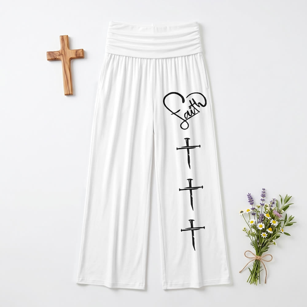 Christianartworkshop Heart Outline Faith Cursive Three Vertical Nail Cross Print Wide Leg Pants - White - US22,UK/AU26,EU54 - image 9