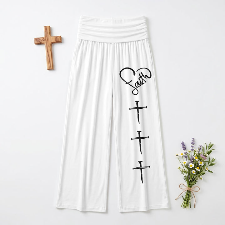 Christianartworkshop Heart Outline Faith Cursive Three Vertical Nail Cross Print Wide Leg Pants - White - US22,UK/AU26,EU54 - image 9