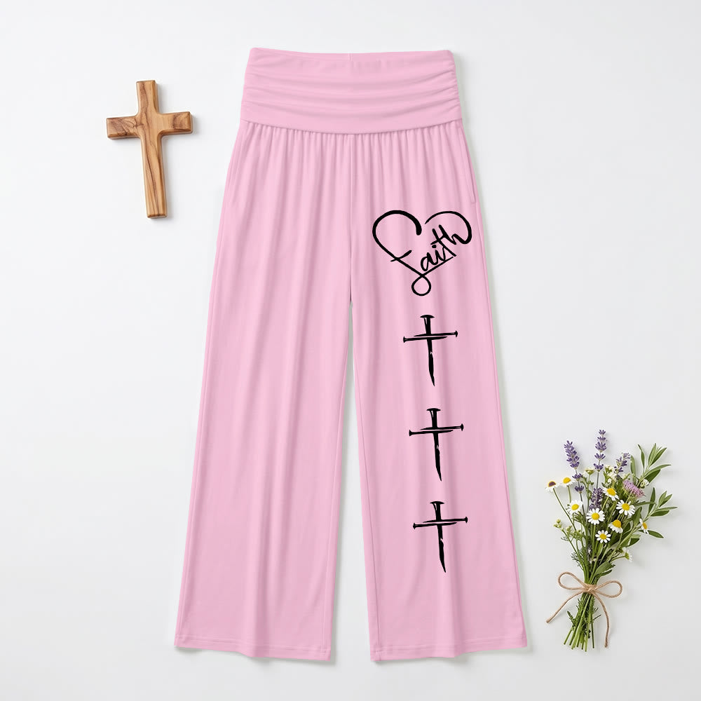 Christianartworkshop Heart Outline Faith Cursive Three Vertical Nail Cross Print Wide Leg Pants - Pink - US22,UK/AU26,EU54 - image 3