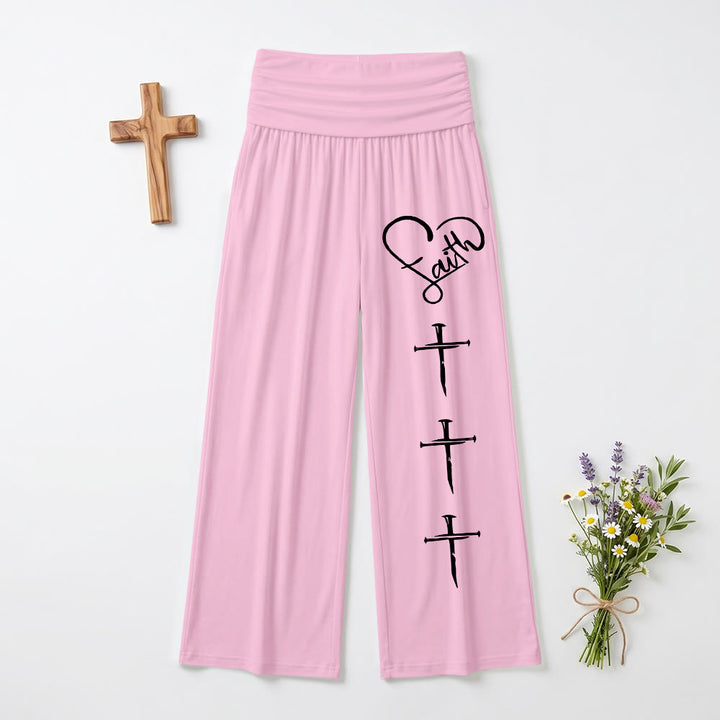 Christianartworkshop Heart Outline Faith Cursive Three Vertical Nail Cross Print Wide Leg Pants - Pink - US22,UK/AU26,EU54 - image 3