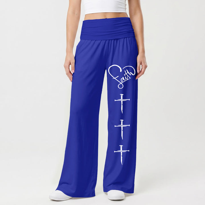 Christianartworkshop Heart Outline Faith Cursive Three Vertical Nail Cross Print Wide Leg Pants - image 13