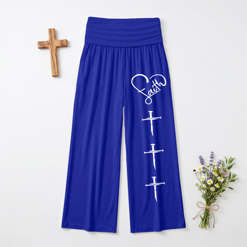 Christianartworkshop Heart Outline Faith Cursive Three Vertical Nail Cross Print Wide Leg Pants - Blue - US22,UK/AU26,EU54 - image 12
