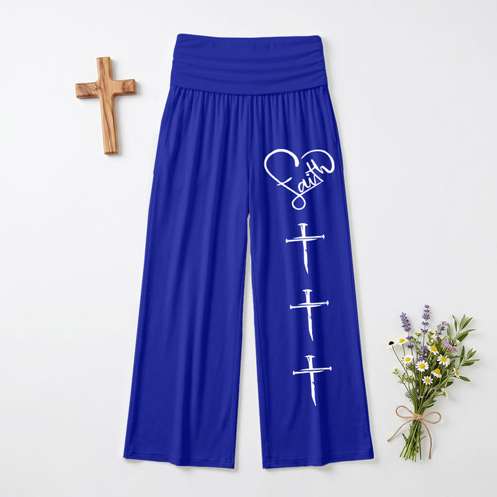 Christianartworkshop Heart Outline Faith Cursive Three Vertical Nail Cross Print Wide Leg Pants - Blue - US22,UK/AU26,EU54 - image 12