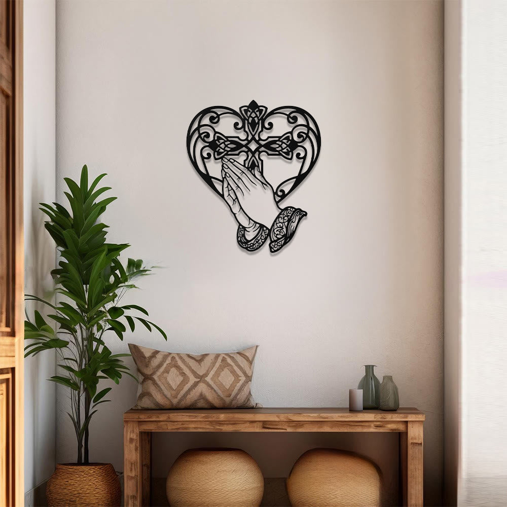 Christianartworkshop Scroll Heart Frame Praying Hands Cross Metal Wall Decor: Timeless Emblem of Sacred Redemptive Grace - image 1