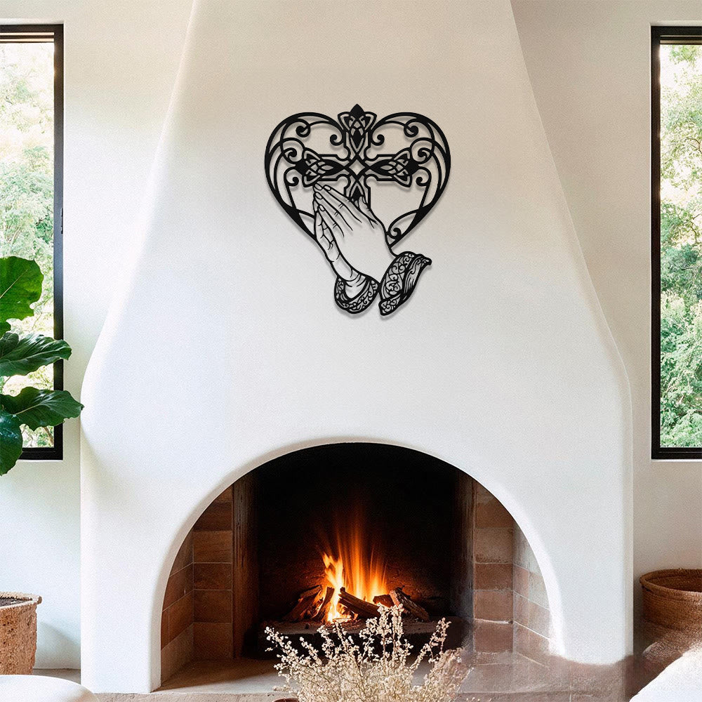 Christianartworkshop Scroll Heart Frame Praying Hands Cross Metal Wall Decor: Timeless Emblem of Sacred Redemptive Grace - image 0