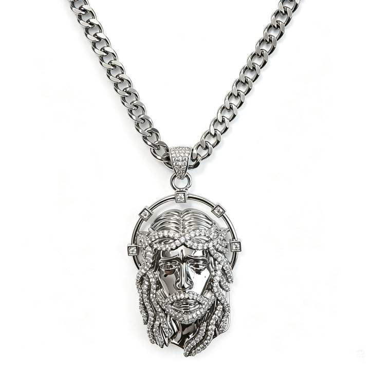 Christianartworkshop Oval Rhinestone Halo Holy Face Pendant Multiple Style Link Chain Necklace: Timeless Emblem of Gentle Heavenly Guardianship - Silver & Cuban Chain - image 15