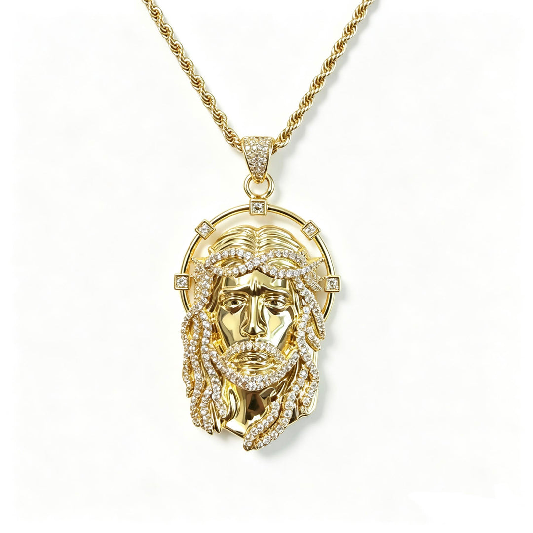 Christianartworkshop Oval Rhinestone Halo Holy Face Pendant Multiple Style Link Chain Necklace: Timeless Emblem of Gentle Heavenly Guardianship - Golden & Twist Chain - image 4