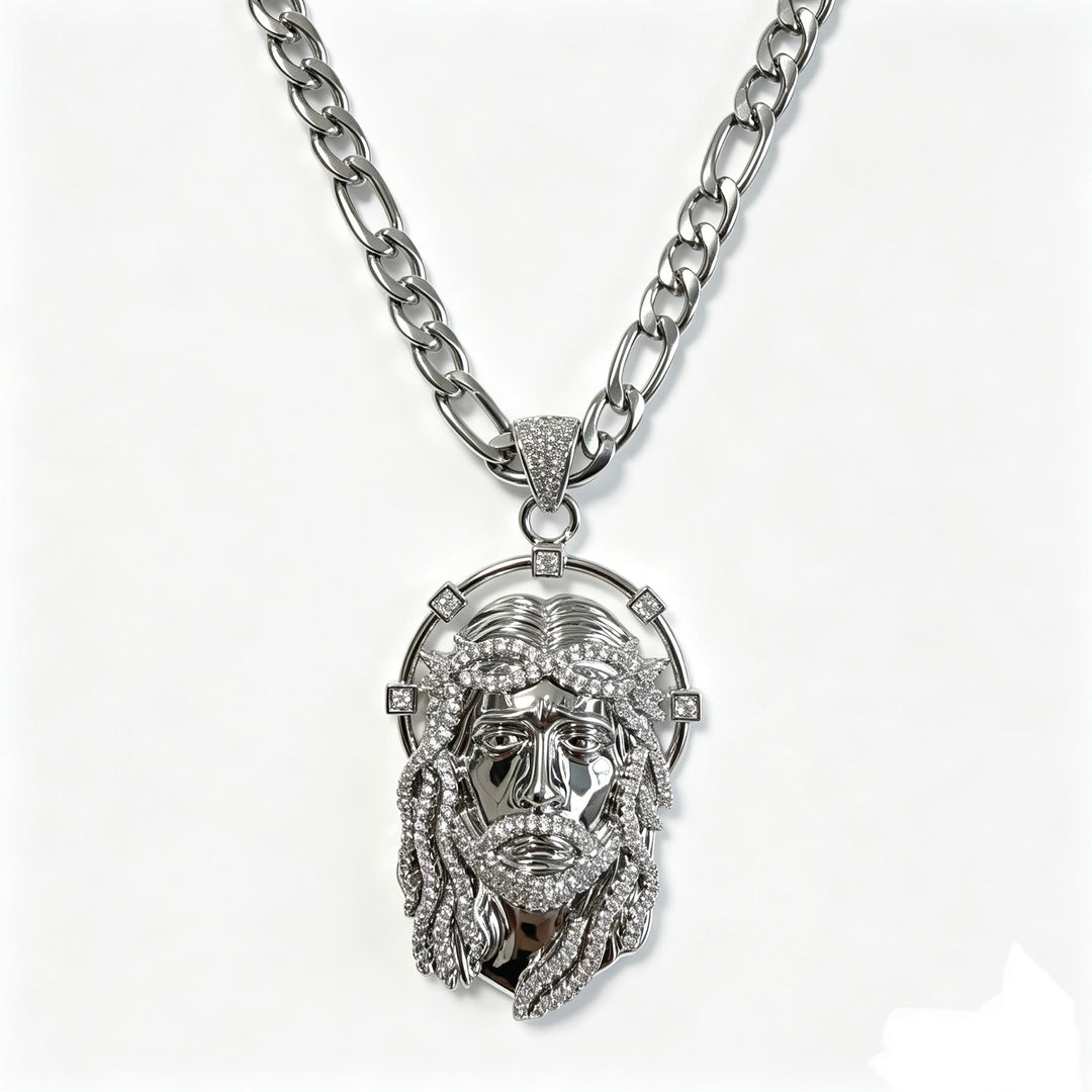 Christianartworkshop Oval Rhinestone Halo Holy Face Pendant Multiple Style Link Chain Necklace: Timeless Emblem of Gentle Heavenly Guardianship - Silver & Figaro Chain - image 14