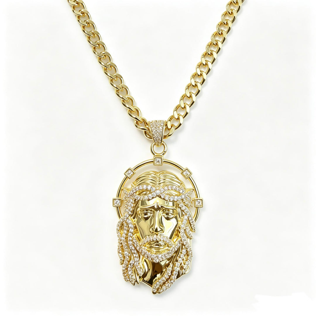 Christianartworkshop Oval Rhinestone Halo Holy Face Pendant Multiple Style Link Chain Necklace: Timeless Emblem of Gentle Heavenly Guardianship - Golden & Cuban Chain - image 6